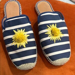 KATE SPADE Navy and White Striped Mules with Yellow Floral Detail size 7.5